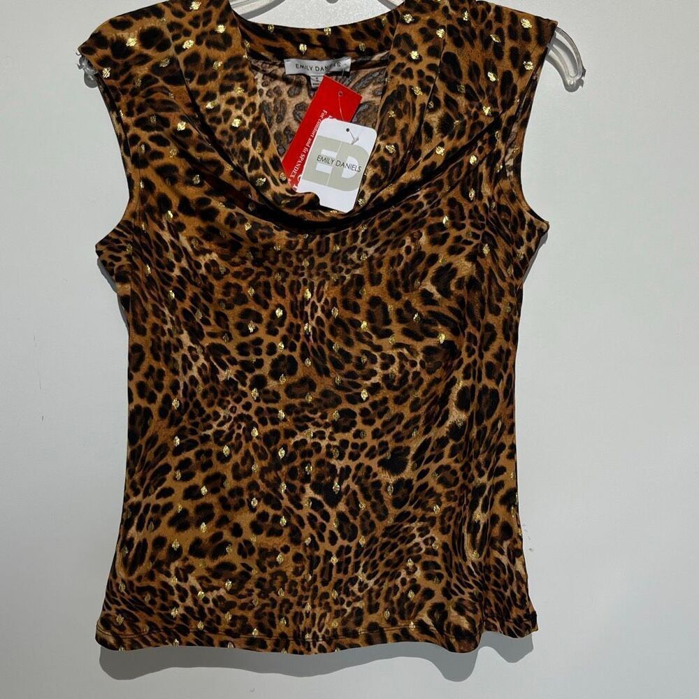 Emily Daniels Women's Tan Black Leaopard‎ Cowl Neck Sleeveless Blouse Small NWT